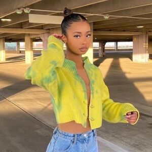Tie-Dye Safety Pin Cropped Knit Sweater — Y2K Grunge Vibe, Yellow/Green, Cropped